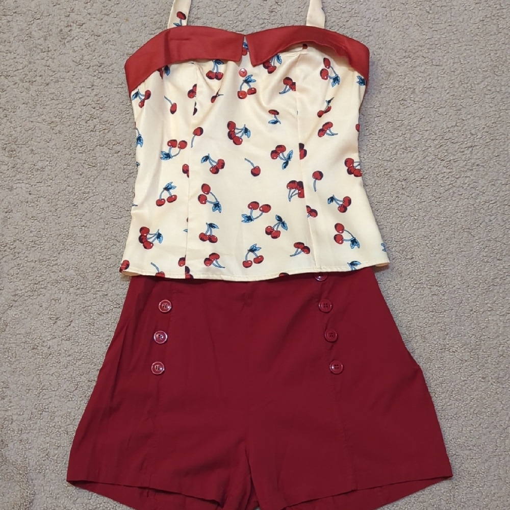 Belle Poque Retro 50s Halter Cherry Top And High Waisted Sailor Shorts Set